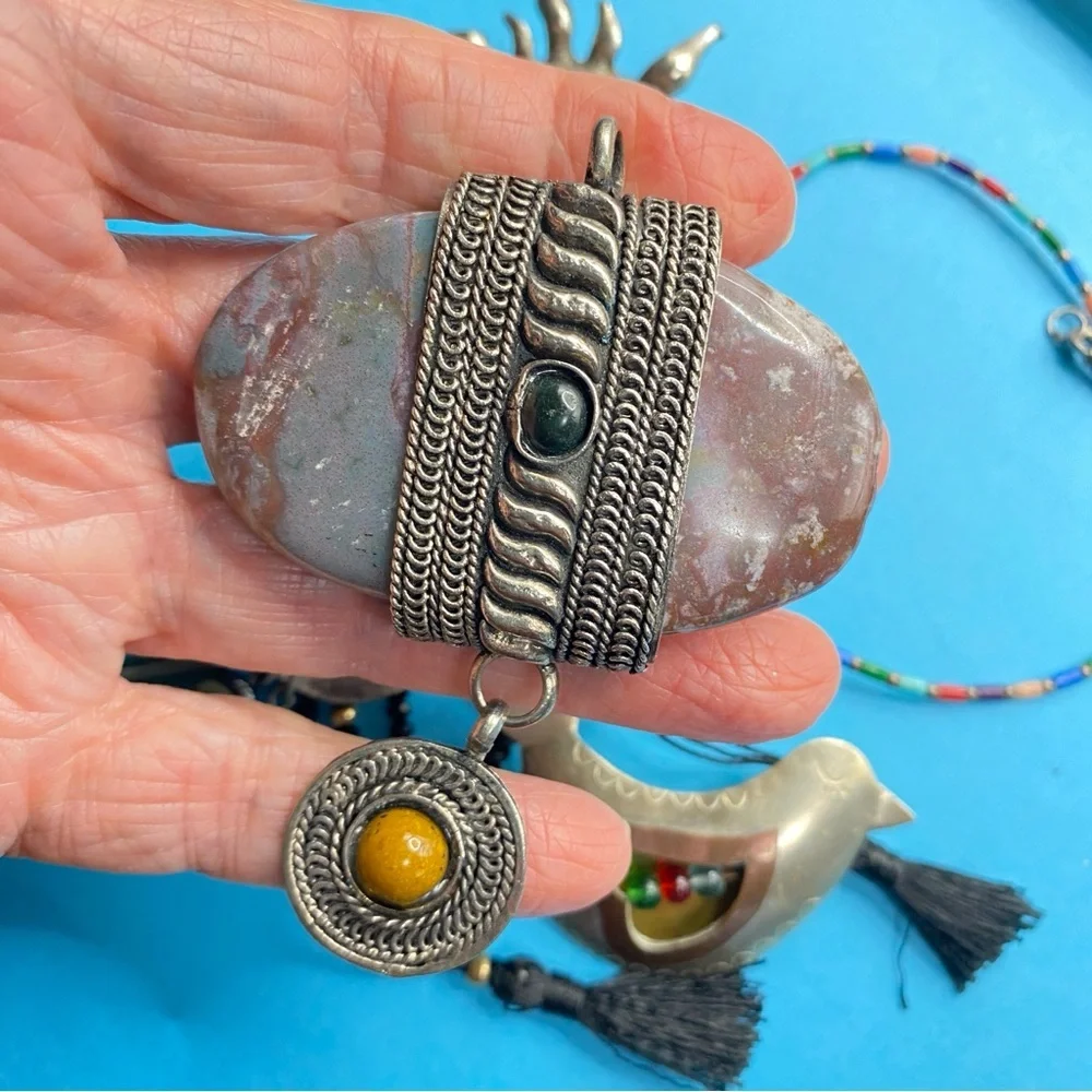 Bohemian Jewelry Natural Stone Beads Bird Sun Brooches Bracelets Pendant 7 pcs